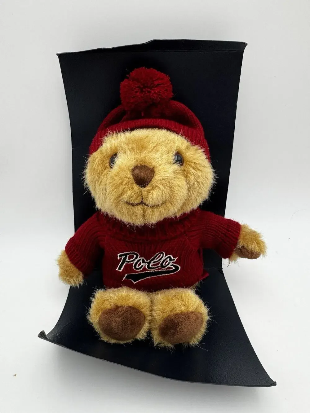 Teddy Bear Plush with Red Polo Sweater & Pom Pom Hat Display Stand